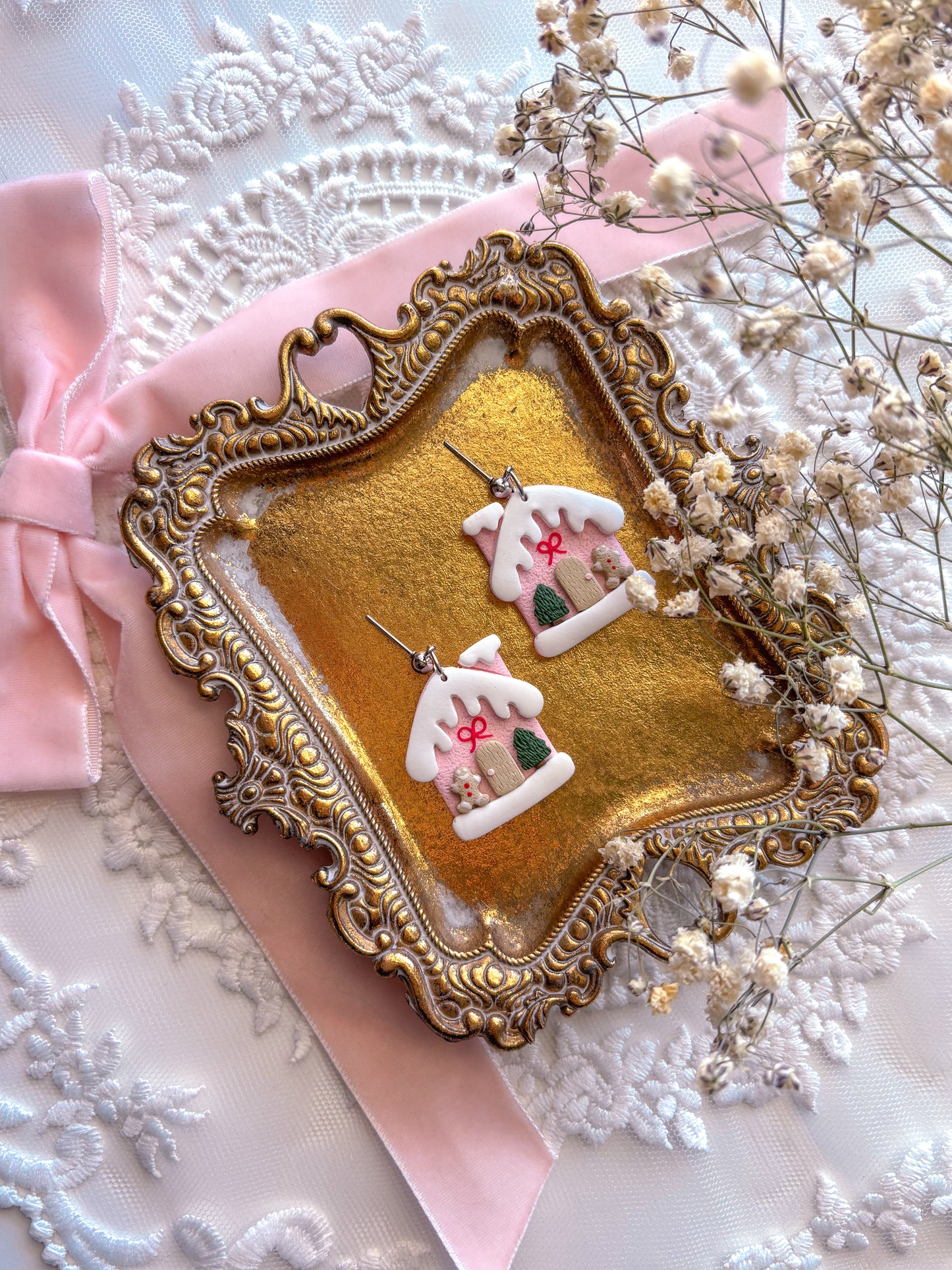 Pink Gingerbread House Dangles
