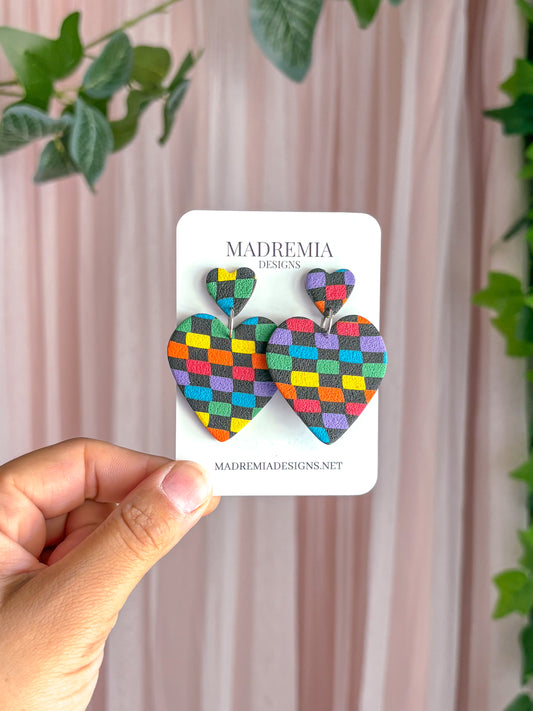 Rainbow Checkered Heart Dangles
