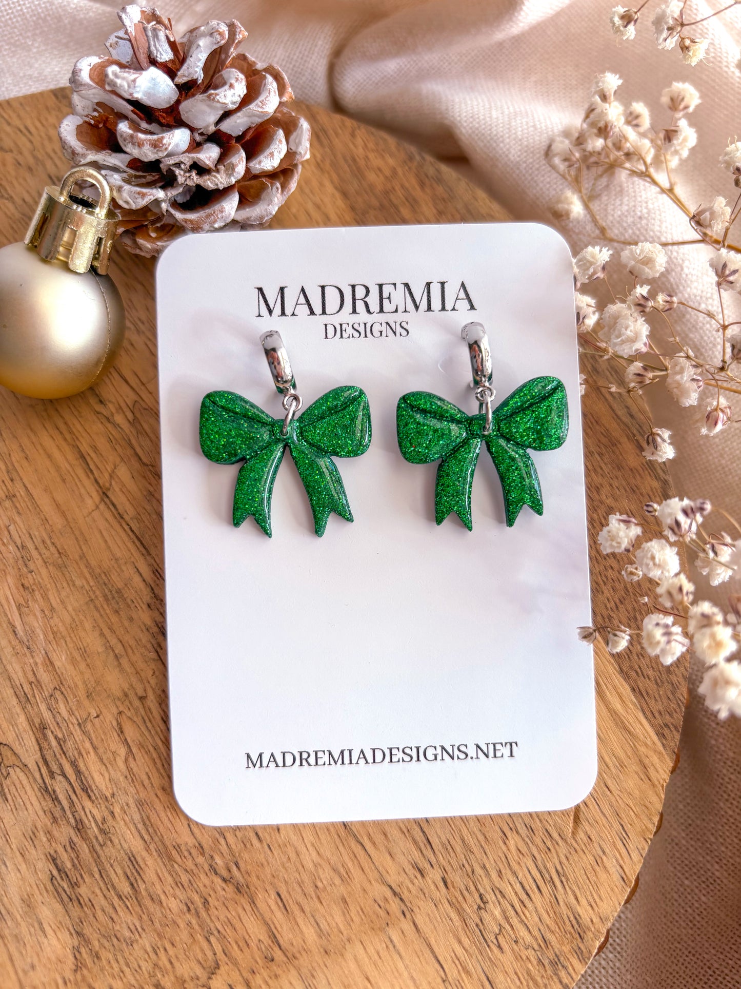 Glitter Green Christmas Bow Dangles