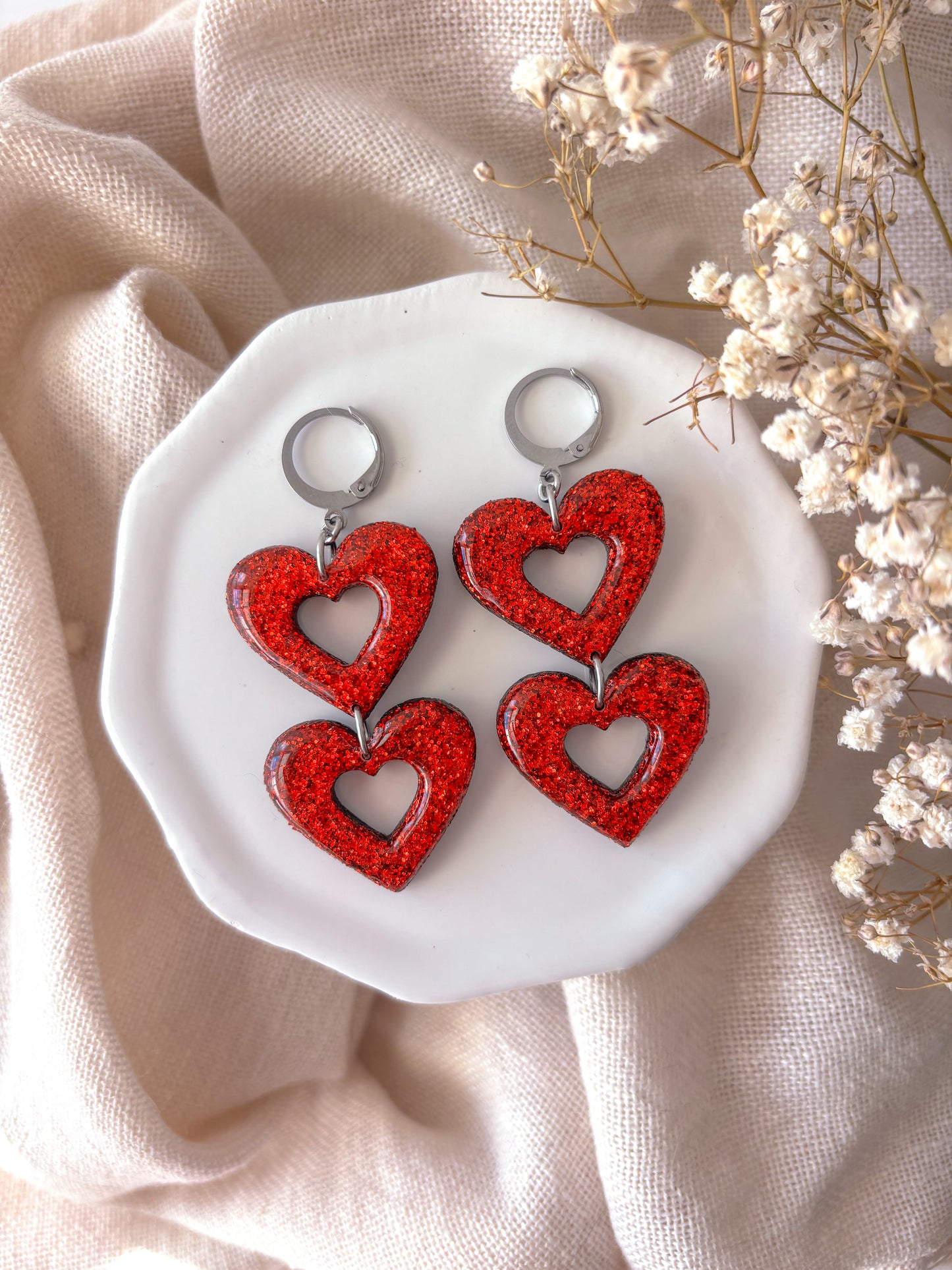 Glitter Double Red Heart Dangles