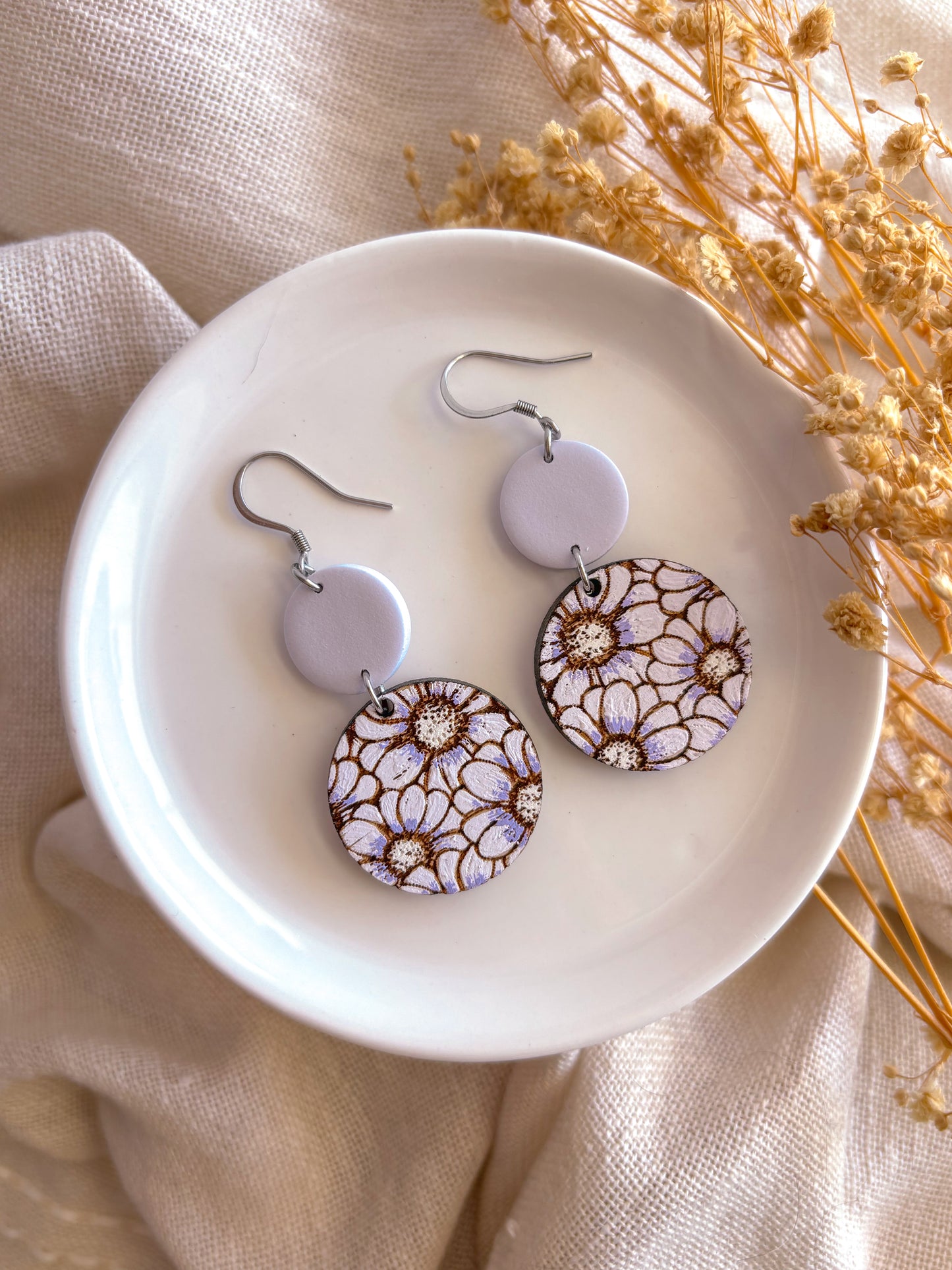 Purple Floral Wood Dangles