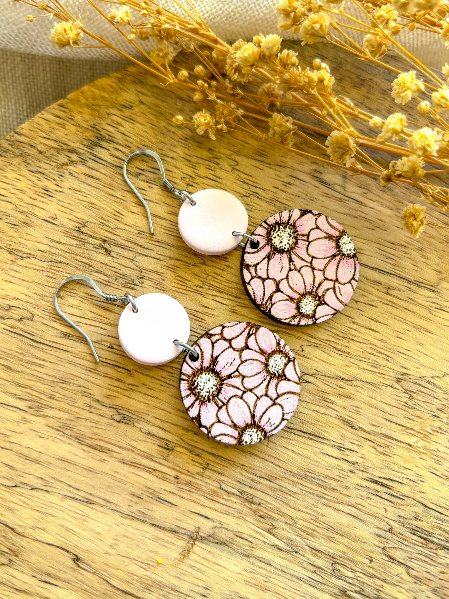 Pink Floral Wood Dangles