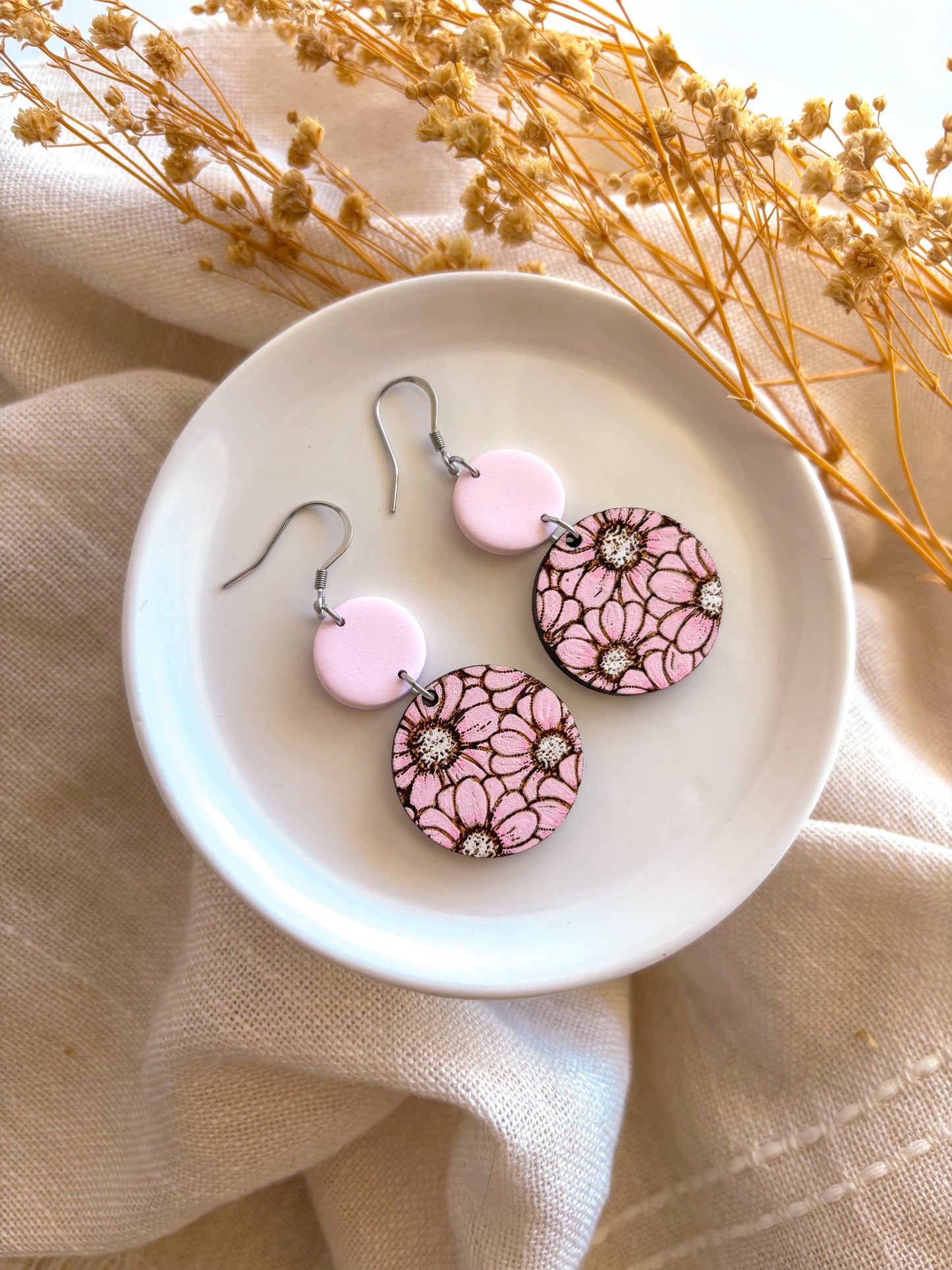 Pink Floral Wood Dangles