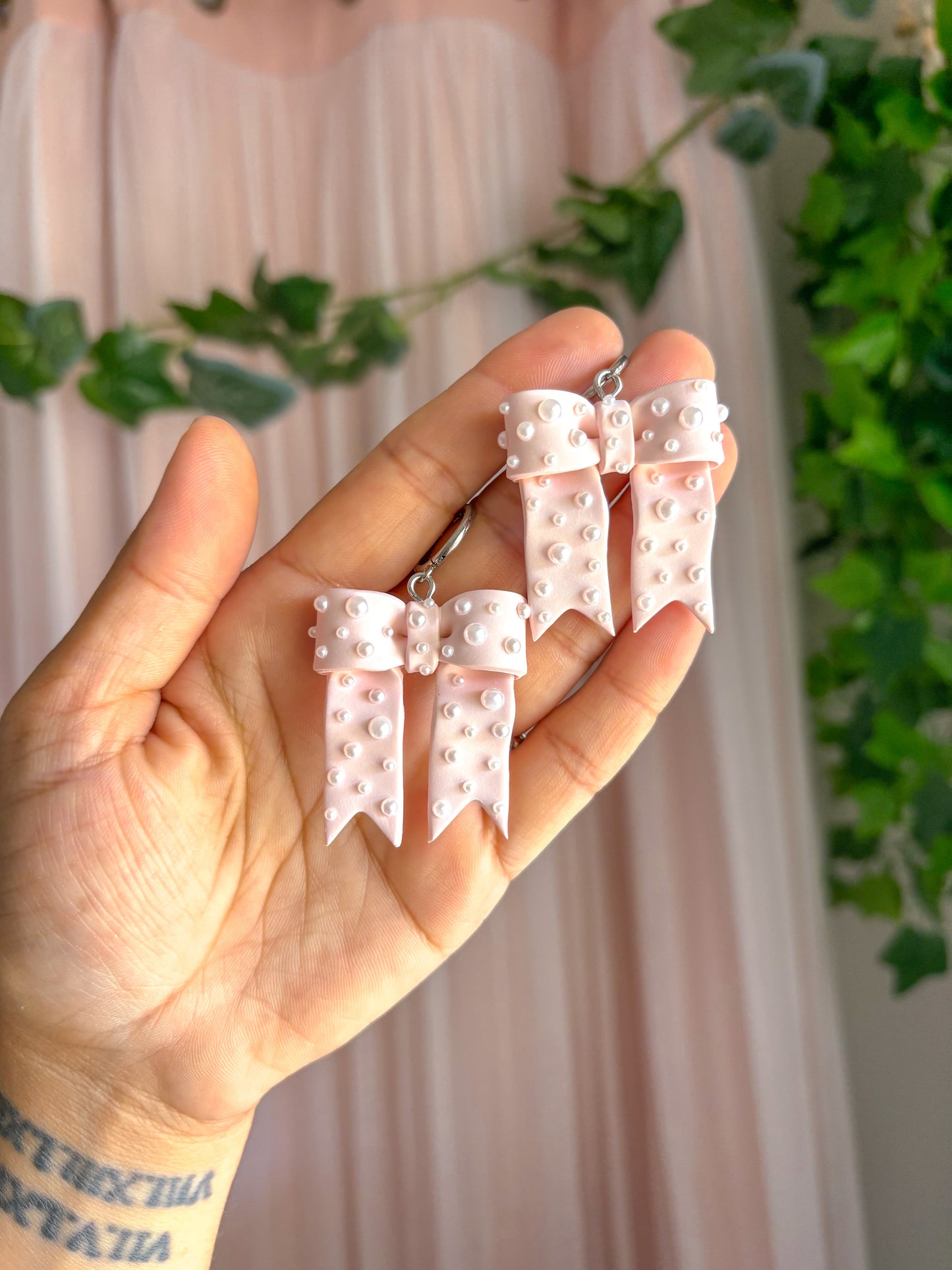 Pearls and Pink Bow Dangles