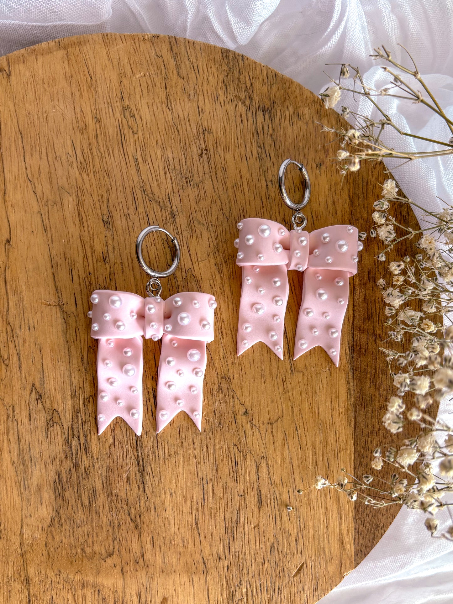 Pearls and Pink Bow Dangles