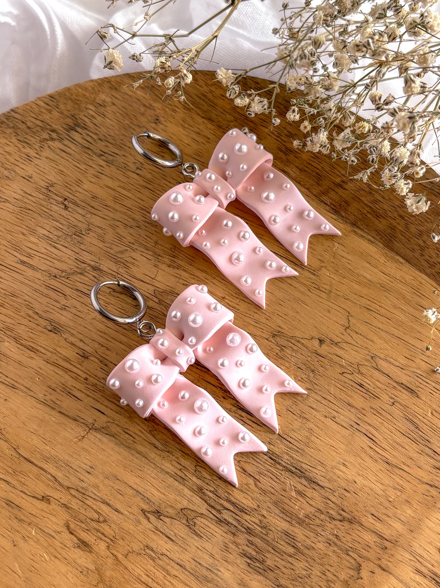 Pearls and Pink Bow Dangles