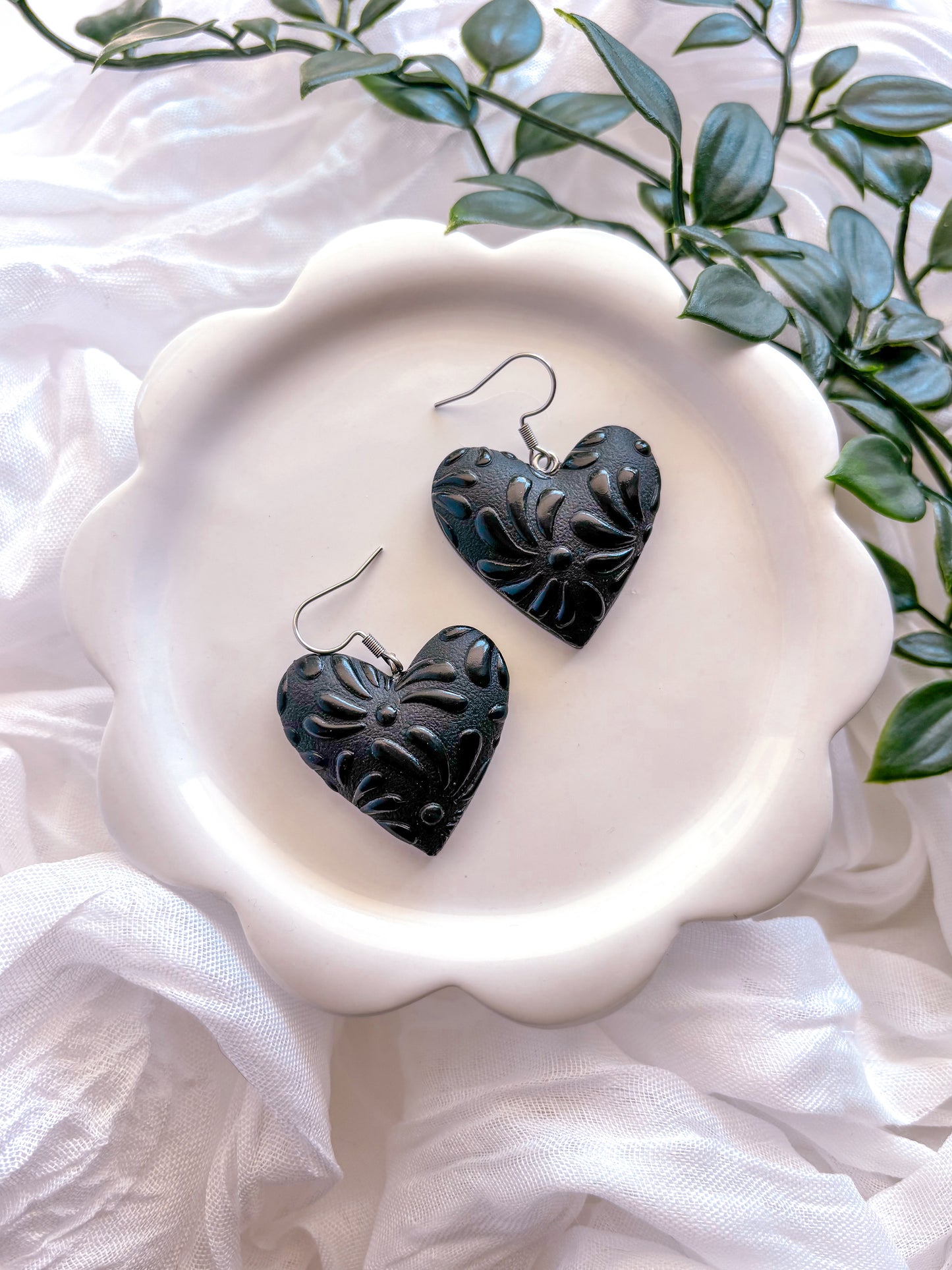 Puffy Black Talavera Heart Dangles