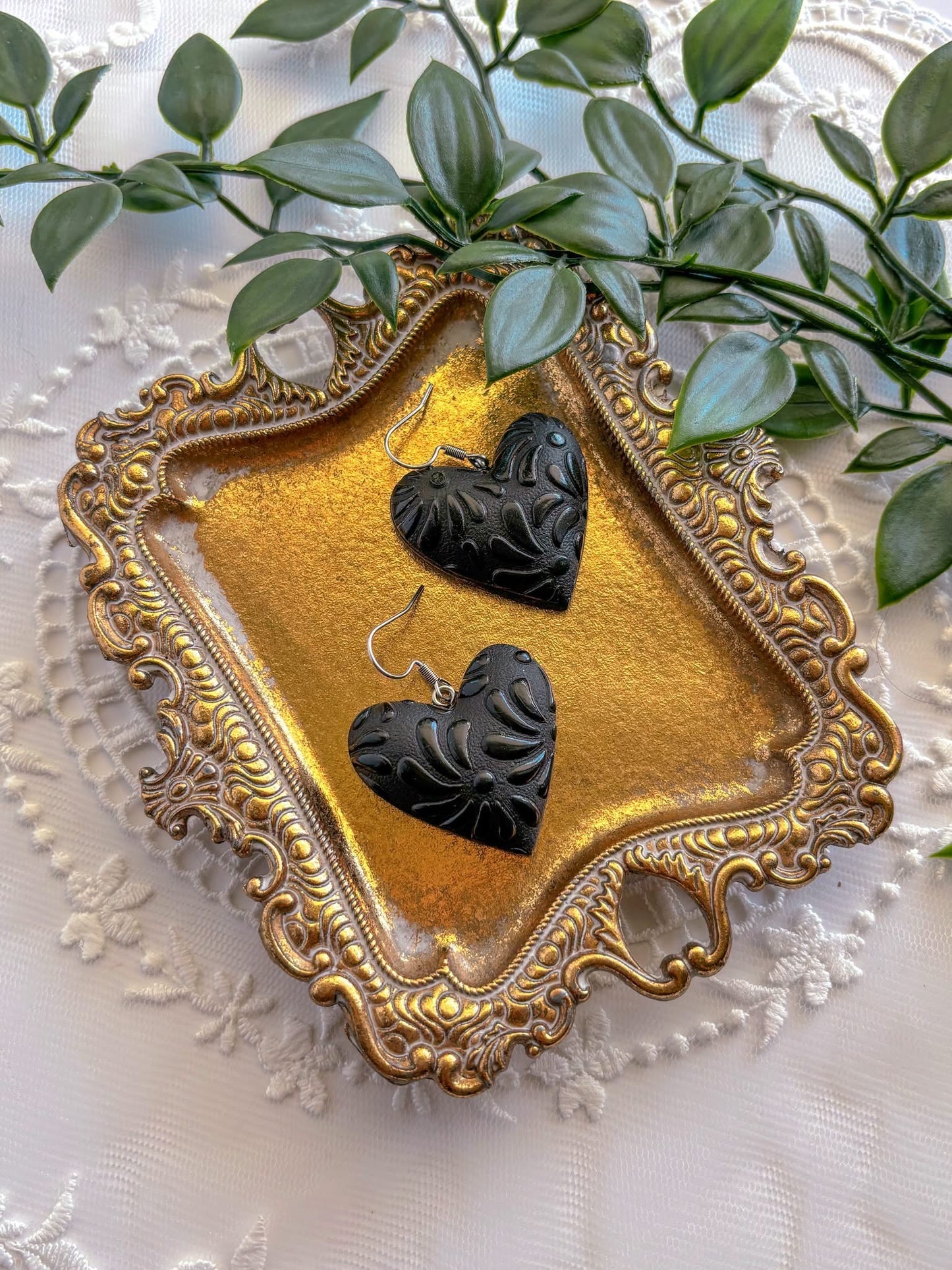 Puffy Black Talavera Heart Dangles