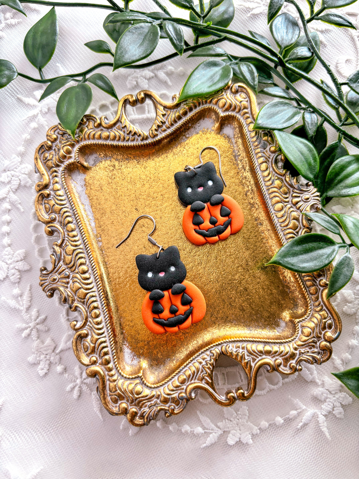 Black Kitty Pumpkin Dangles