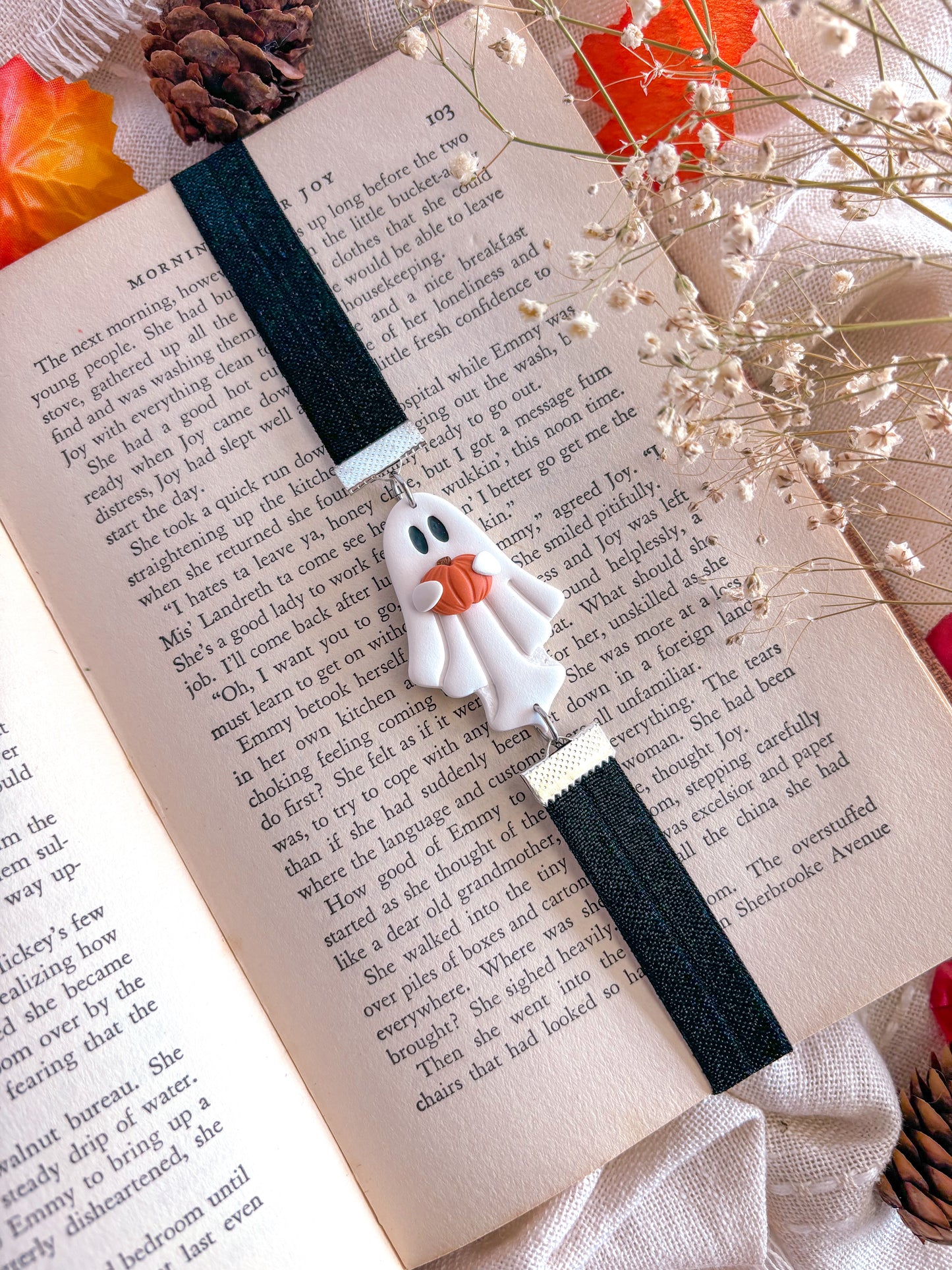 Ghost holding Pumpkin Bookmark with Black Ribbon