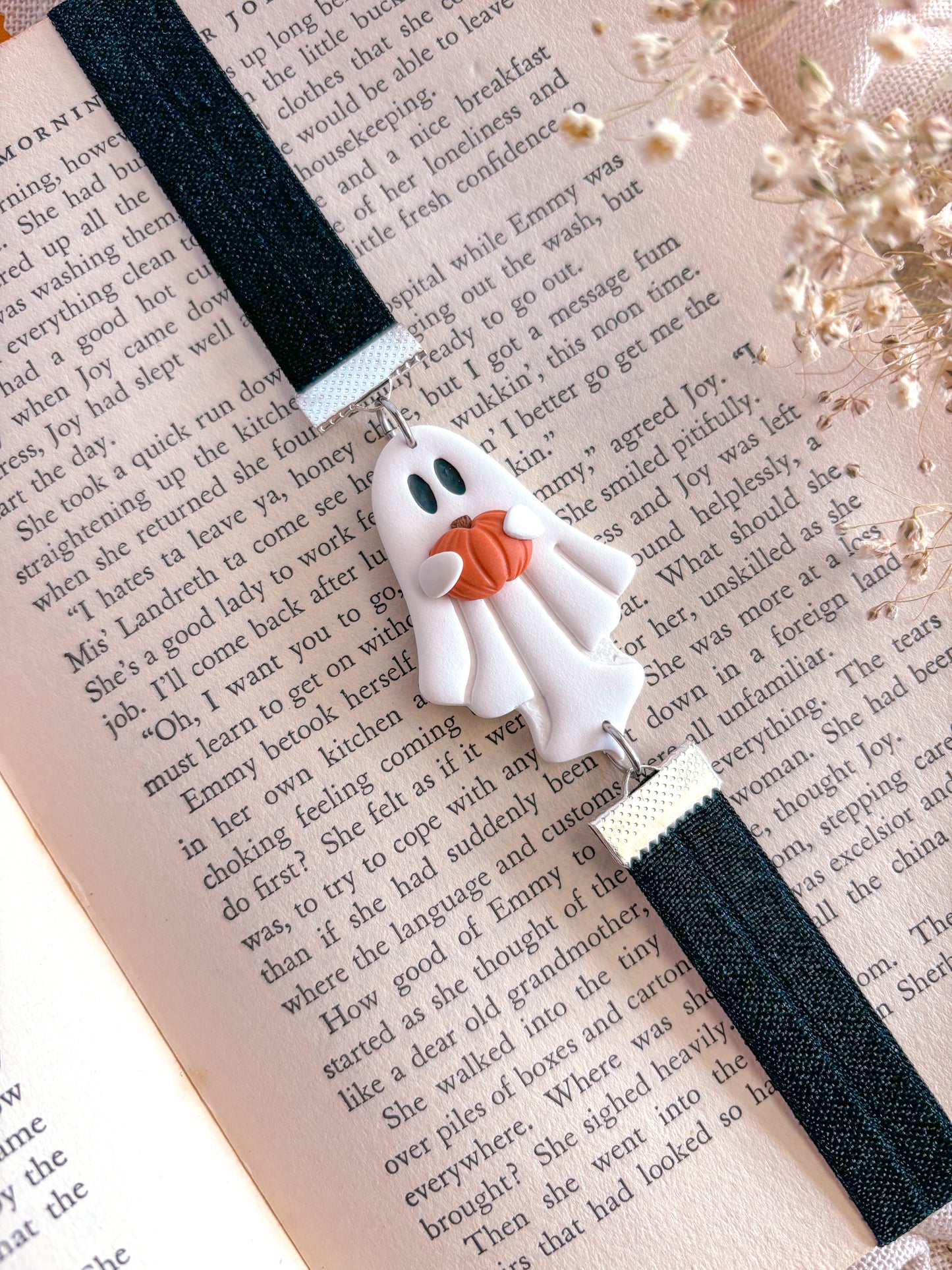 Ghost holding Pumpkin Bookmark with Black Ribbon