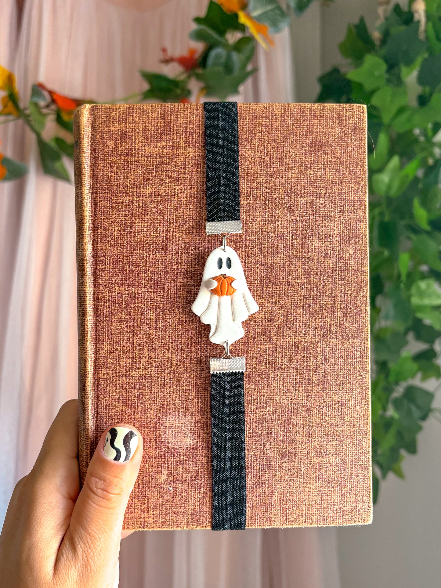 Ghost holding Pumpkin Bookmark with Black Ribbon